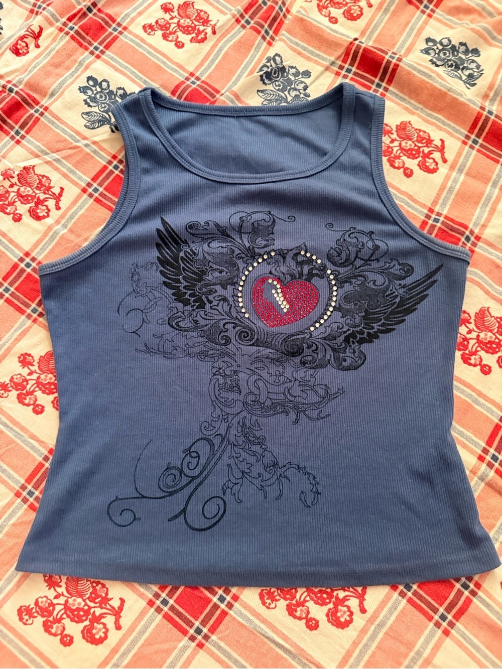 Vintage Blue Ribbed Tank with Heart & Wing Graphic
